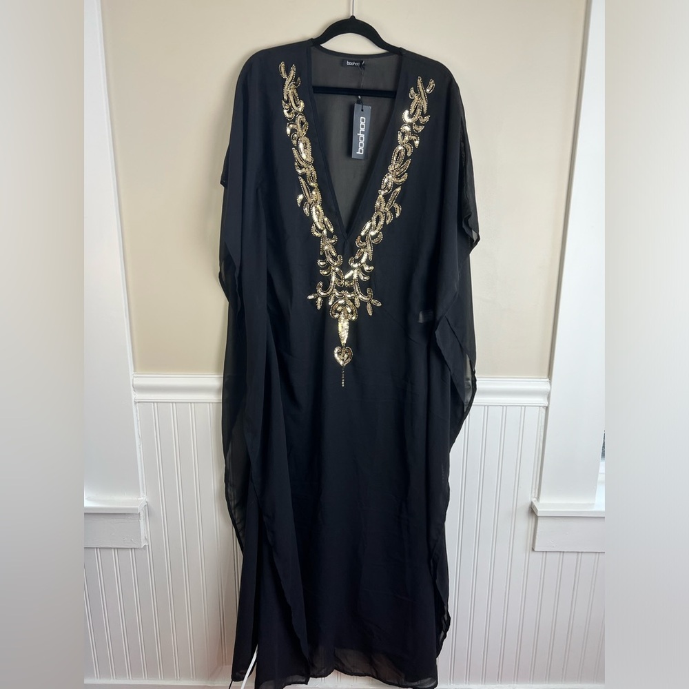 Boohoo Black Sheer Kaftan Swim Coverup with Gold Embellishment - Picture 11 of 12